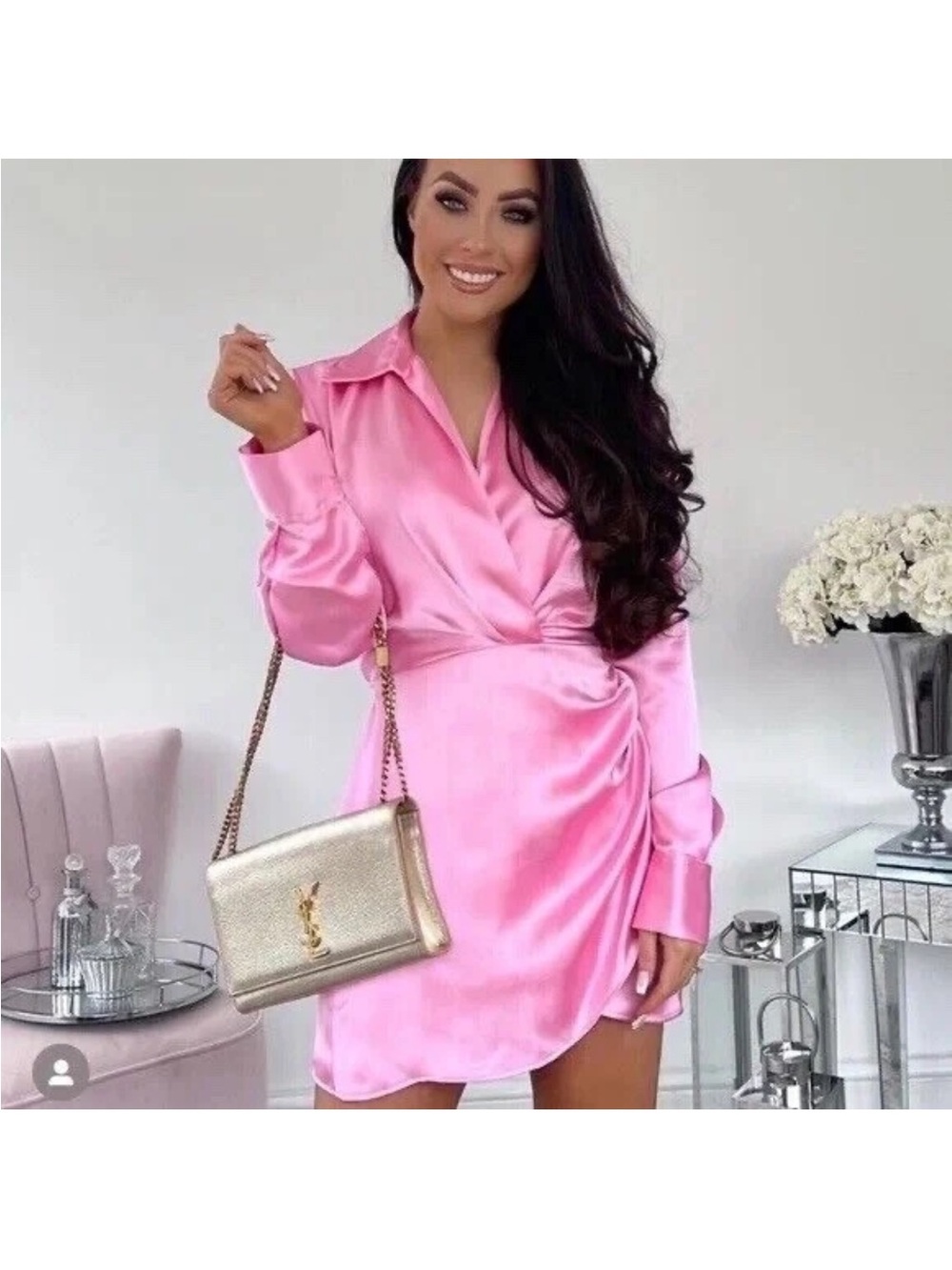 Pink Satin Wrap Shirt Dress - Women
